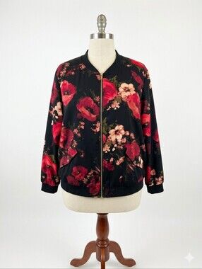 Vintage Susan Graver Black Floral Bomber Jacket - Red/Pink Floral Size 2X